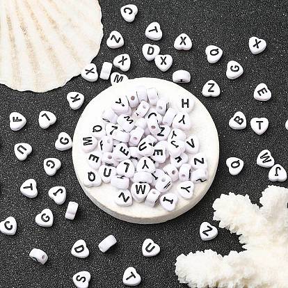 Perles en émail acrylique opaque, trou horizontal, coeur avec des lettres noires mélangées