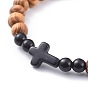 Stretch Bracelets, with Wood Beads and Synthetic Turquoise(Dyed) Beads, Cross