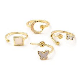 Butterfly/Square/Moon Brass with Shell Open Cuff Ring Component, Ring Settings, For Half-drilled Beads
