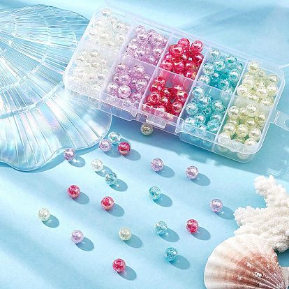 250Pcs 5 Colors Transparent Crackle Acrylic Beads, AB Color Plated, Round