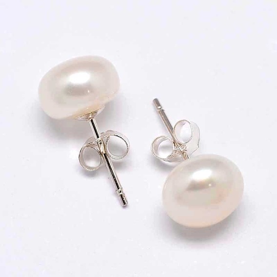 Mother's Day Gift Natural Pearl Half Round Ear Studs, with 925 Sterling Silver Pins and Ear Nuts, 10x7mm, Pin: 0.7mm