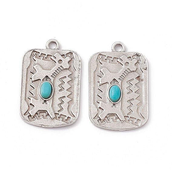 Synthetic Turquoise Pendants, Rectangle Charms with Giraffe, with Rack Plating Alloy Findings