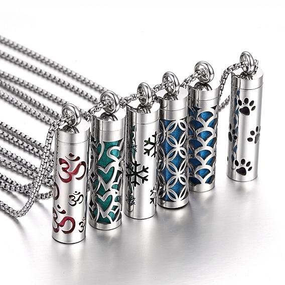 Titanium Steel Perfume Bottle Necklaces, Column with Aromatherapy Cotton Sheet Inside Necklace