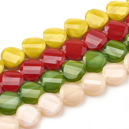 Opaque Solid Color Glass Beads Strands, Faceted, Flat Round, Twisted