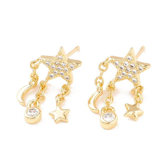 Boucles d'oreilles pendantes étoile et lune en zircon cubique transparent, bijoux en laiton pour femmes, sans cadmium et sans plomb