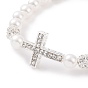 Alliage strass religion croix bracelets, Bracelets extensibles en perles d'imitation en plastique ABS et strass clairs en laiton pour femmes