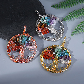 Gemstone Chip Tree of Life Copper Wire Wrapped Big Pendants, 7 Chakra Tree Charms