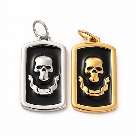 Ion Plating(IP) 304 Stainless Steel Pendants, with Enamel and Jump Rings, Rectangle with Skull