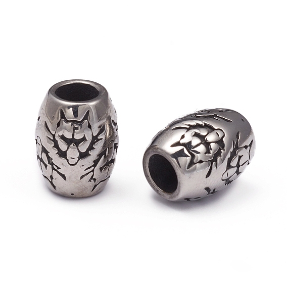 304 Stainless Steel European Beads, Large Hole Beads, Barrel with Wolf