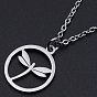 201 Stainless Steel Pendant Necklaces, with Cable Chains and Lobster Claw Clasps, Ring with Dragonfly