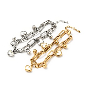 Bracelet multirangs charm coeur coquillage et boule ronde, 304 bracelet à chaînes double couche en acier inoxydable pour femme