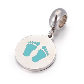 Ion Plating(IP) 304 Stainless Steel European Dangle Charms, with Enamel, Large Hole Pendants, Flat Round with Baby Feet