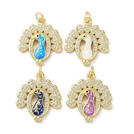 Brass Micro Pave Clear Cubic Zirconia Pendants, with Synthetic Opal, Real 18K Gold Plated, Peacock Charms