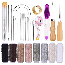 Набор инструментов для работы с кожей, включая швейные иглы, вощеная нить, ножницы, шило, рулетка и швейный наперсток, для поделки из кожи