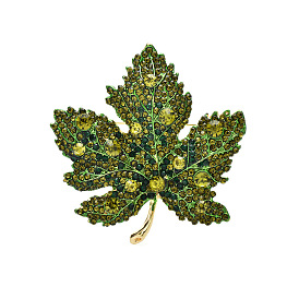 Autumn Maple Leaf Light Gold Alloy Rhinestone Brooch Pins, for Sweaters Coats