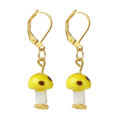 Lampwork Mushroom Dangle Leverback Earrings, Gold Plated Brass Jewelry for Women
