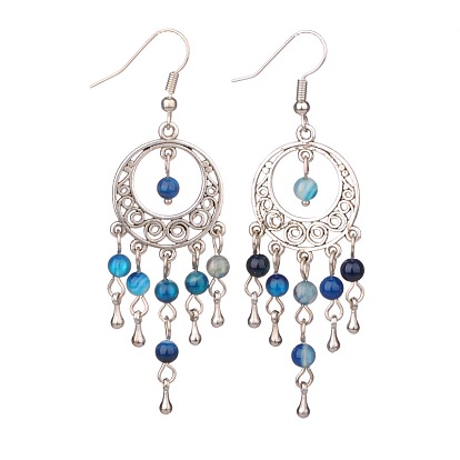 Trendy Dangling Gemstone Earrings, with Alloy Findings and Brass Earrings Hooks, Antique Silver, 70mm, Pin: 0.6mm