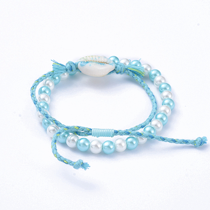 Adjustable Braided Bead Bracelets and Stretch Bracelets Sets, with Printed Cowrie Shell Beads, Glass Pearl Beads, Cotton Cord and Nylon Thread