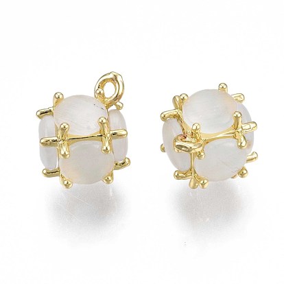 Creamy White Imitation Cat Eye Resin Charms, with Rack Plating Brass Findings, Nickel Free, Round