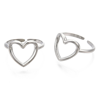 304 Stainless Steel Hollow Heart Cuff Rings, Open Rings for Women Girls
