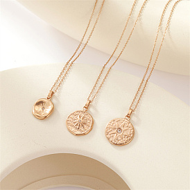 Stainless Steel Rhinestone Pendant Necklace, Flat Round with Sun