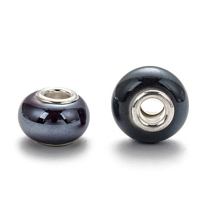 Handmade Porcelain European Beads, with Silver Color Brass Double Cores, Rondelle, 15x10~11mm, Hole: 5mm