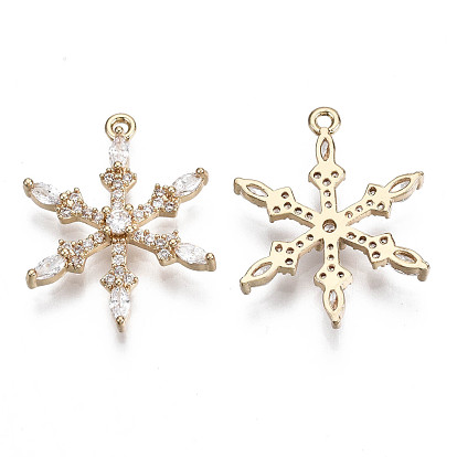Brass Micro Pave Cubic Zirconia Pendants for Christmas, Snowflake, Long-Lasting Plated, Light Gold