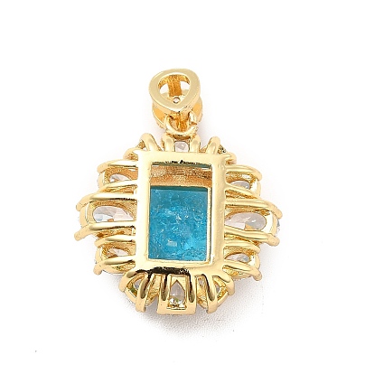 Brass Micro Pave Clear Cubic Zirconia Pendants, with Glass, Flat Round with Rectangle, Real 18K Gold Plated
