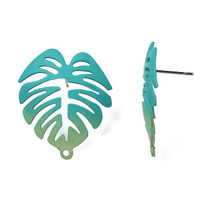Spray Painted Iron Stud Earring Findings, with Horizontal Loops, Monstera Leaf