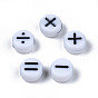 Perles acryliques opaques, rond plat avec symbole arithmétique, blanc