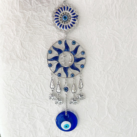 Glass Blue Evil Eye Pendant Decorations, with Alloy Elephant & Sun Link, for Wall Car Hanging Decoration