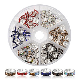 120Pcs 6 Colors Iron Flat Round Spacer Beads, with Rhinestone, Platinum