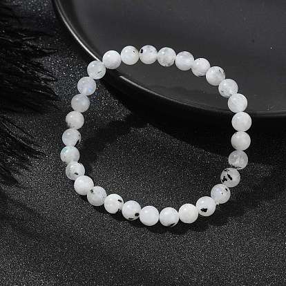 Bracelet extensible en perles rondes en pierre de lune arc-en-ciel naturelle