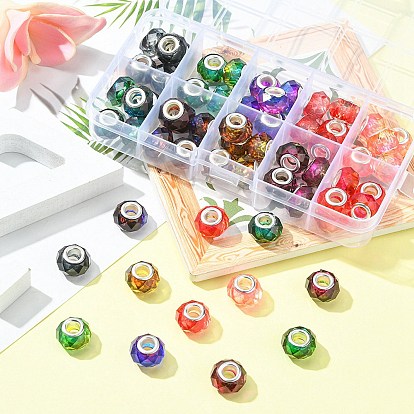 60Pcs 10 Colors Transparent Resin European Beads, Imitation Crystal, Two-Tone Large Hole Beads, with Silver Tone Brass Double Cores, Faceted, Rondelle