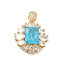 Brass Micro Pave Clear Cubic Zirconia Pendants, with Glass, Flat Round with Rectangle, Real 18K Gold Plated