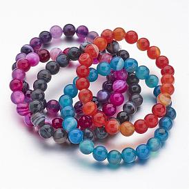 Natural Striped Agate/Banded Agate Beaded Stretch Bracelets, Round
