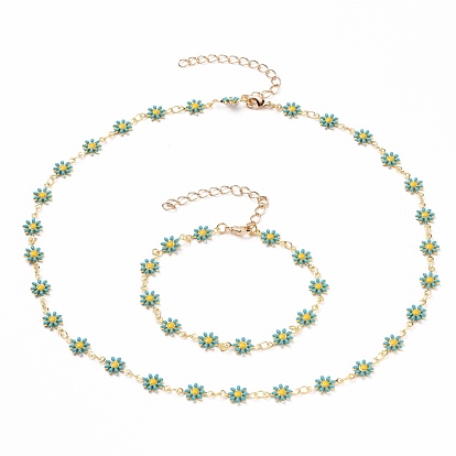 Ожерелья и браслеты из звеньев маргаритки комплекты украшений, с латунными эмалевыми звеньями, бордюрная удлинительная цепь и застежки-клешни