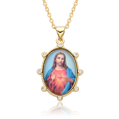 Collier ovale en résine sur le thème de la religion avec pendentif en strass, collier en laiton doré
