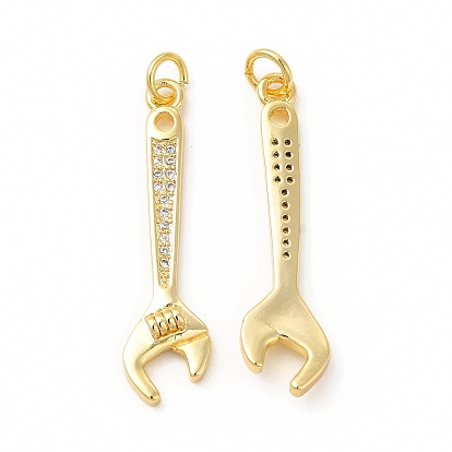 Rack Plating Brass Micro Pave Cubic Zirconia Tool Pendants, Cadmium Free & Lead Free, Wrench Charm, with Jump Ring