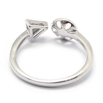 Adjustable 925 Sterling Silver Cuff Finger Ring Components, For Half Drilled Beads, with Cubic Zirconia, Clear, Triangle
