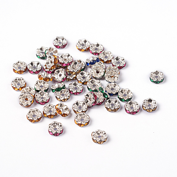 Laiton acrylique strass perles d'espacement, bord ondulé, couleur argent plaqué, rondelle