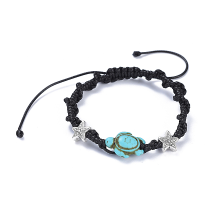 Adjustable Eco-Friendly Korean Waxed Polyester Cord Braided Bead Bracelets Sets, with Alloy Findings and Synthetic Turquoise(Dyed) Beads, Tortoise