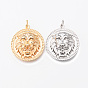 Brass Pendants, Nickel Free, with Jump Ring, Flat Round with Lion Hand