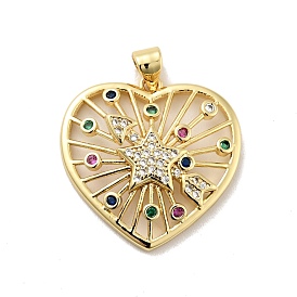 Rack Plating Brass Micro Pave Colorful Cubic Zirconia Pendants, Long-Lasting Plated, Lead Free & Cadmium Free, Heart & Star & Arrow