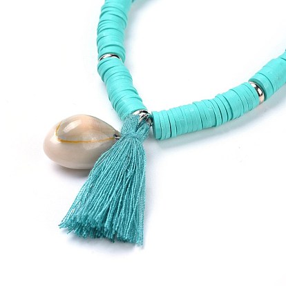 Handmade Polymer Clay Heishi Beads Stretch Bracelets, with Brass Findings, Shell Beads and Cotton Tassel Pendants