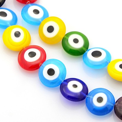 Handmade Evil Eye Lampwork Bead Strands, Flat Round