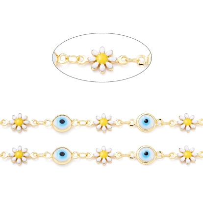Handmade Brass Enamel Link Chains, Flat Round with Evil Eye & Flower, with Glass, Long-Lasting Plated, Soldered, with Spool, Golden