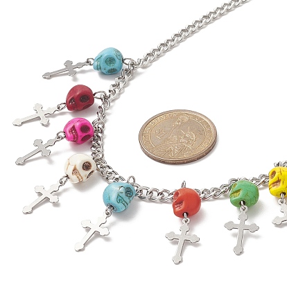 Dyed Synthetic Turquoise Skull with Cross Bib Necklace, 304 Stainless Steel Jewelry for Halloween