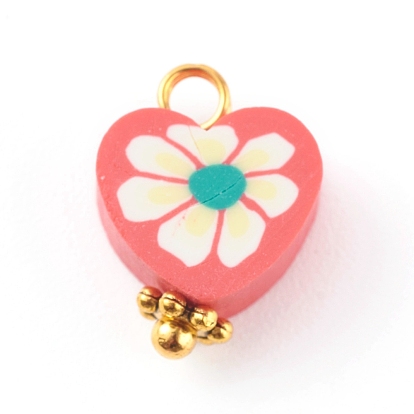 Handmade Polymer Clay Charms, with Golden Brass Loops, Heart