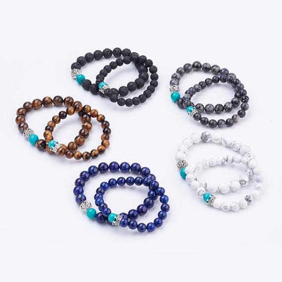 Couples Natural Gemstone Stretch Bracelets, with Alloy Findings